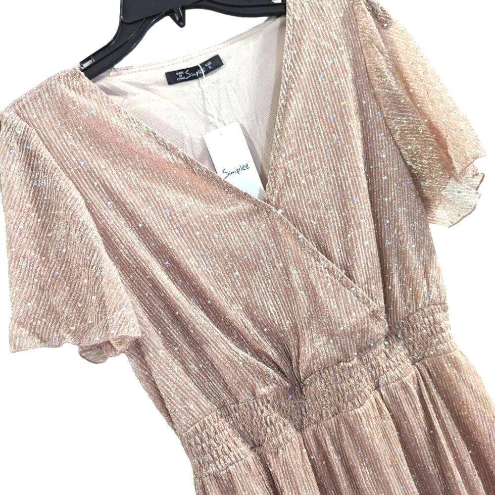 Simplee blush pink metallic sparkly glitter knit flutter sleeve long dress S - Picture 4 of 6